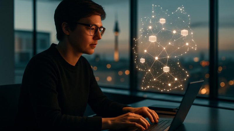 En fokuserad redaktor tittar pa hologram som visar attribution och sparning.