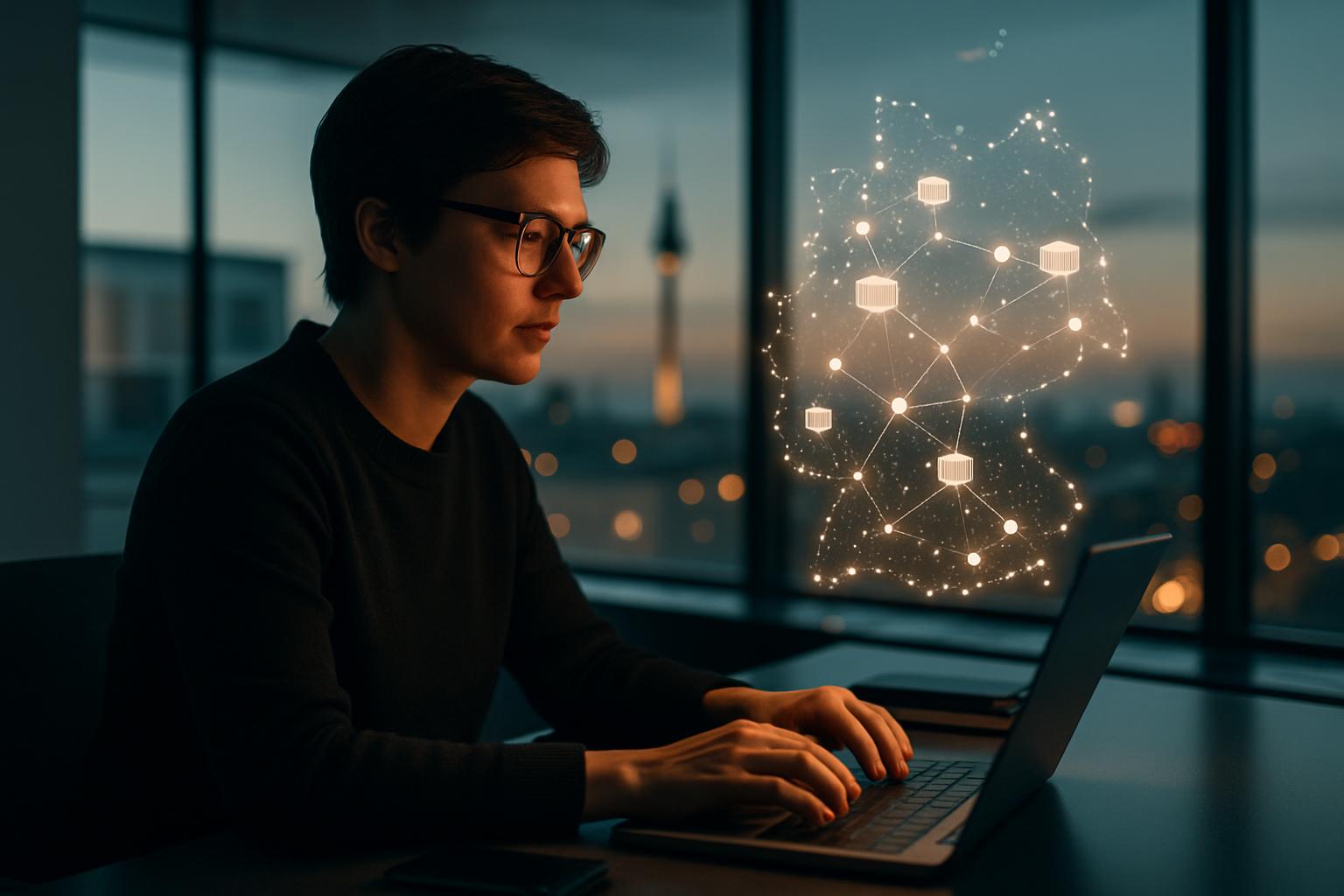 En fokuserad redaktor tittar pa hologram som visar attribution och sparning.