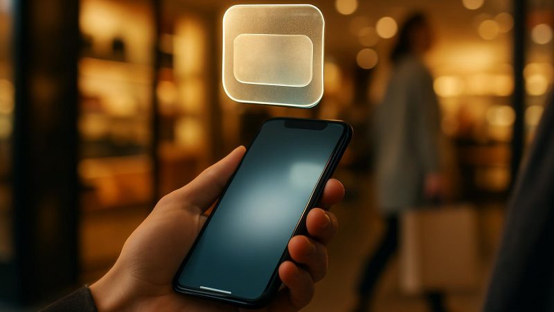 Handen med smartphone i butik; bolanerantorna faller och wallet-pass svavar-framfor skarmen