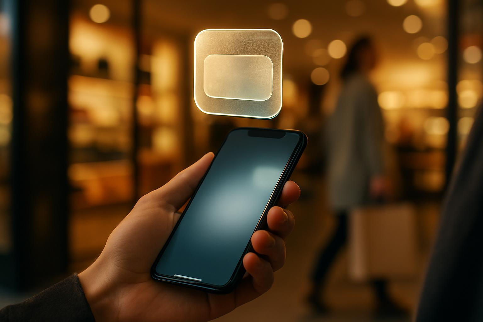 Handen med smartphone i butik; bolanerantorna faller och wallet-pass svavar-framfor skarmen