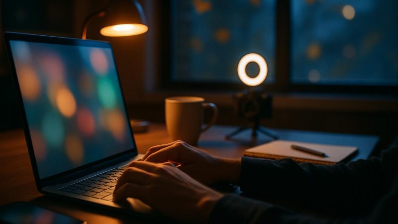 Hander pa laptop under Black Friday-planering i modern publicistmiljo