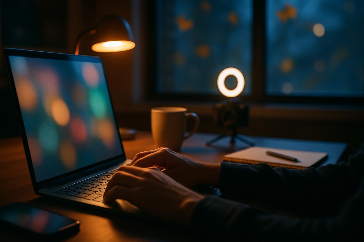 Hander pa laptop under Black Friday-planering i modern publicistmiljo