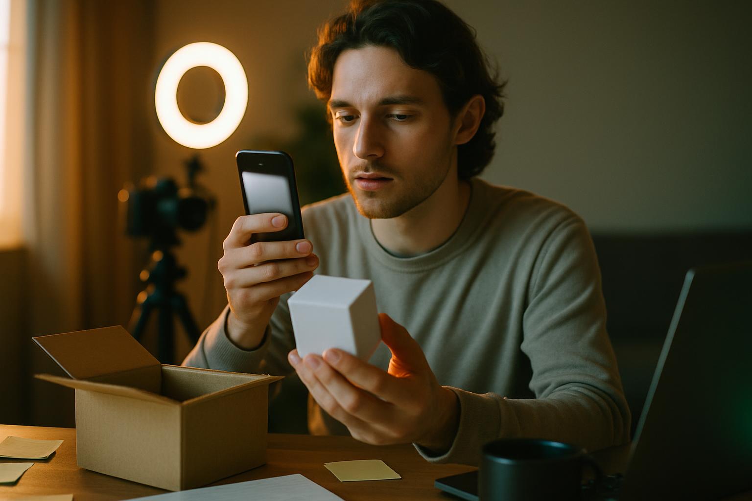 Influencermarknadsforing och affiliate i hemstudio mikroinfluencer spelar in med smartphone